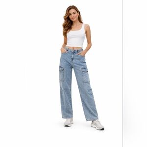 NWT Reitmans R Jeans 100% Cotton Blue Denim Cargo Pants High Rise Wide Leg